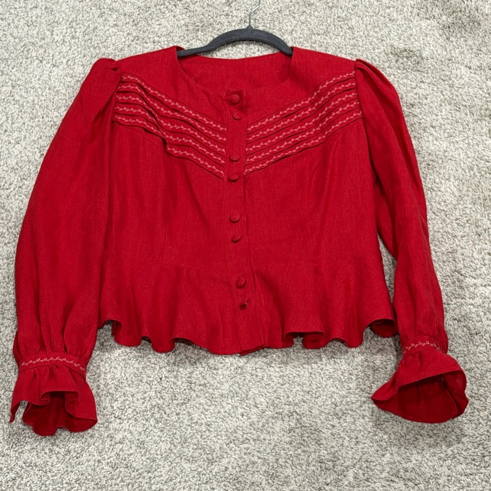 Revintaria Red Women's Button-Front Blouse with Ruffle Cuffs